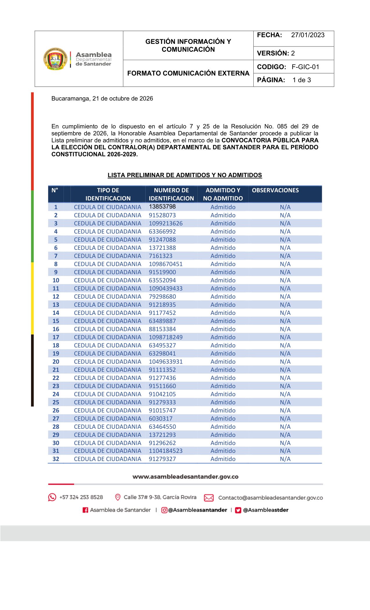 Lista Preliminar de Admitidos y No Admitidos Contralor Departamental 2026-2029