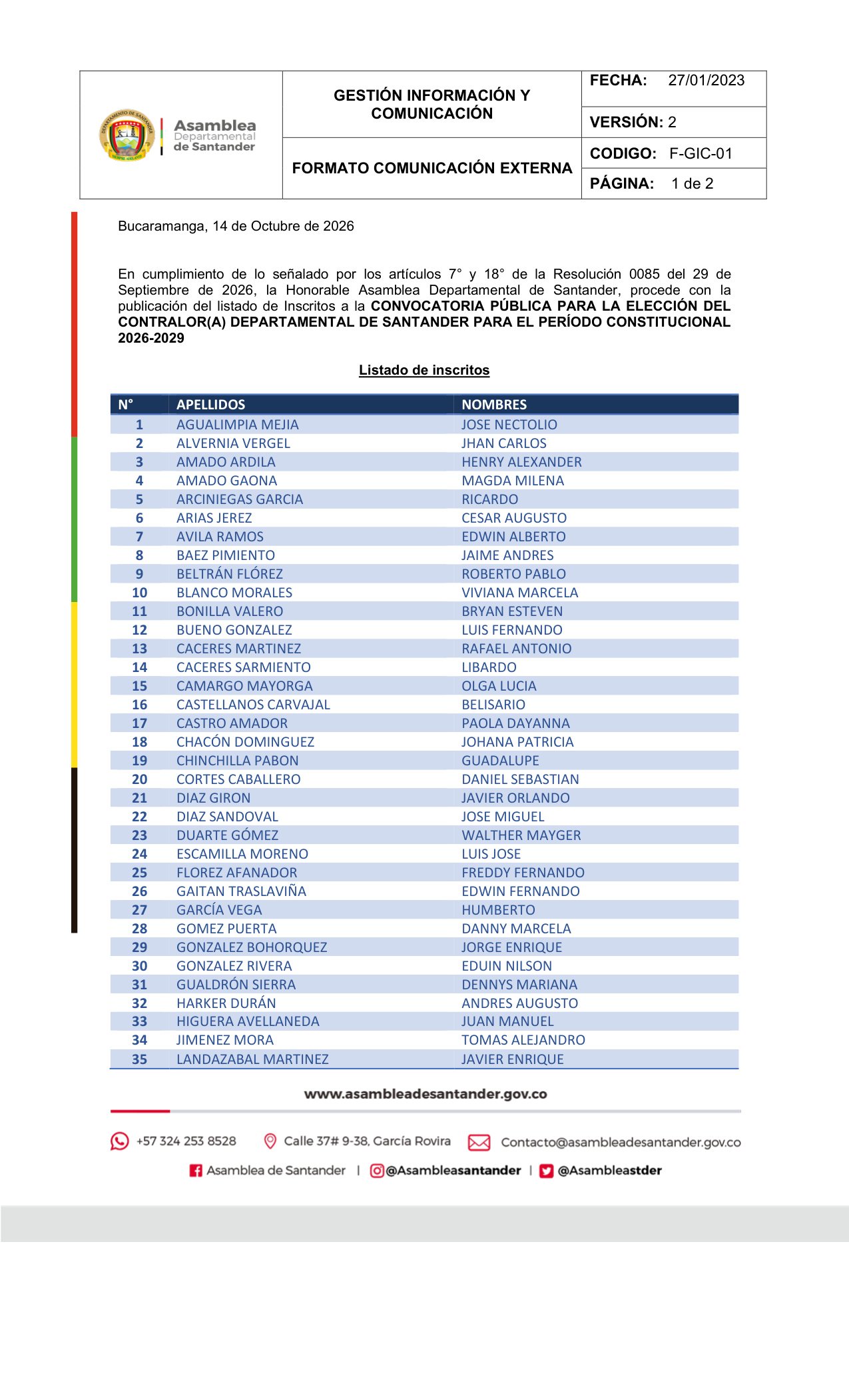 Listado Oficial de Inscritos Convocatoria Contralor 2026-2029
